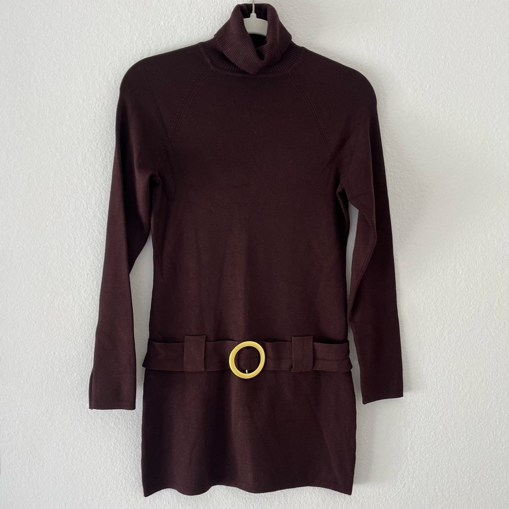 INC International Concepts Chocolate Long Sleeve Dress with Gold Buckle